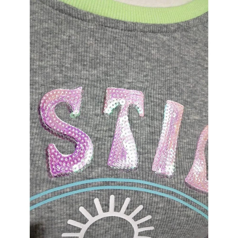 Justice Girls XL Gray &‎ Green Raglan Crop Top With Sequin Lettering & Palm Tree